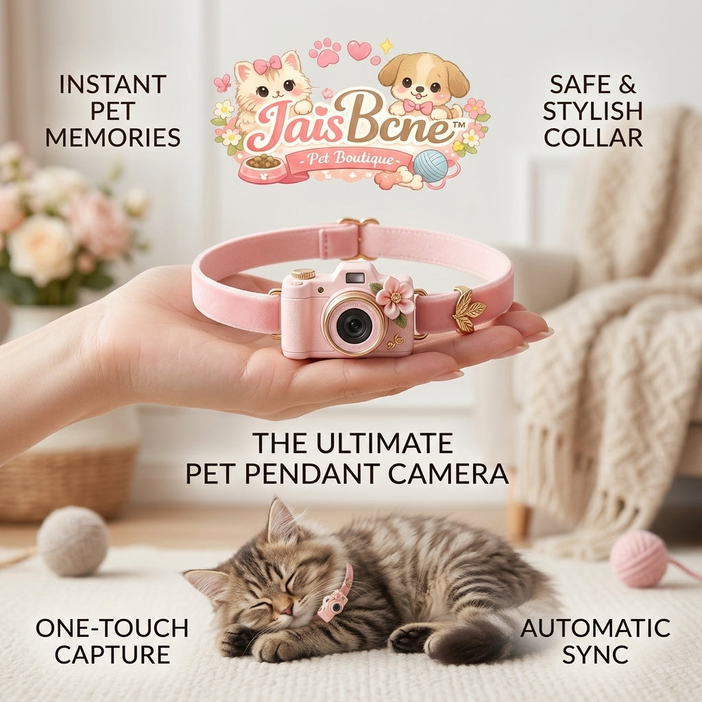 JaisBcne™ HD Pet Pendant Camera Collar - 1080P Wearable Mini POV Cam for Cats & Small Dogs, Stylish Pink Velvet Design, One-Touch Photo/Video Capture & Wireless Auto-Sync