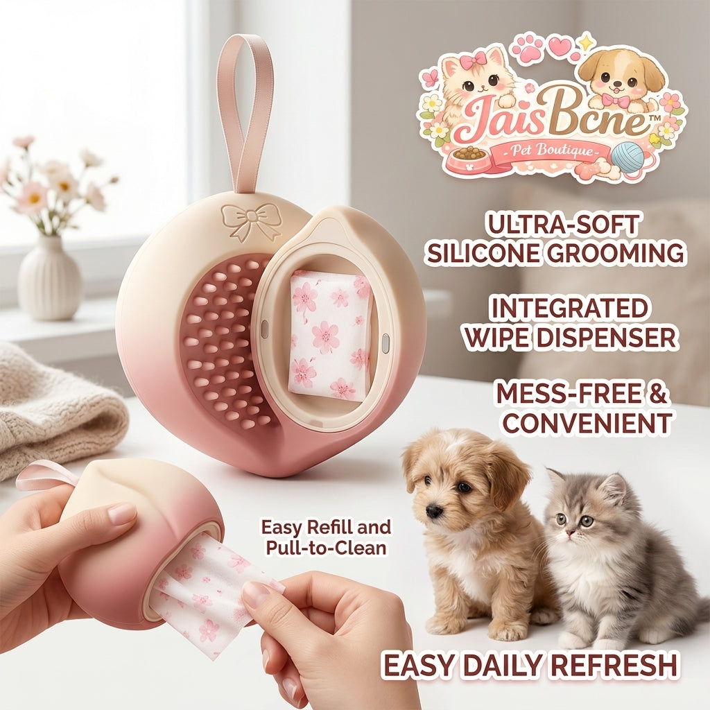 JaisBcne™ 2-in-1 Peach Pet Grooming Brush with Integrated Wipe Dispenser | Ultra-Soft Silicone Deshedding Massage Comb for Dogs & Cats | Easy Refill & Mess-Free Daily Refresh Tool 🍑🐾