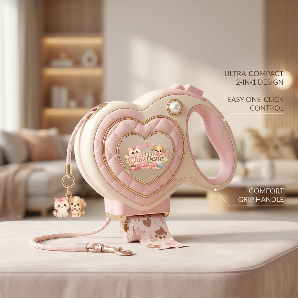 JaisBcne™ 2-in-1 Heart-Shaped Retractable Dog Leash with Built-in Waste Bag Dispenser – Aesthetic Pink Pet Lead for Small to Medium Dogs, Tangle-Free 360° Swivel, One-Click Brake & Lock, Ergonomic Comfort Grip