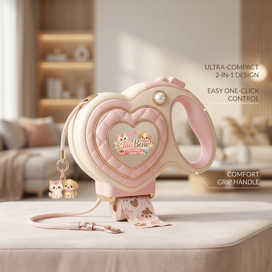 JaisBcne™ 2-in-1 Heart-Shaped Retractable Dog Leash with Built-in Waste Bag Dispenser – Aesthetic Pink Pet Lead for Small to Medium Dogs, Tangle-Free 360° Swivel, One-Click Brake & Lock, Ergonomic Comfort Grip